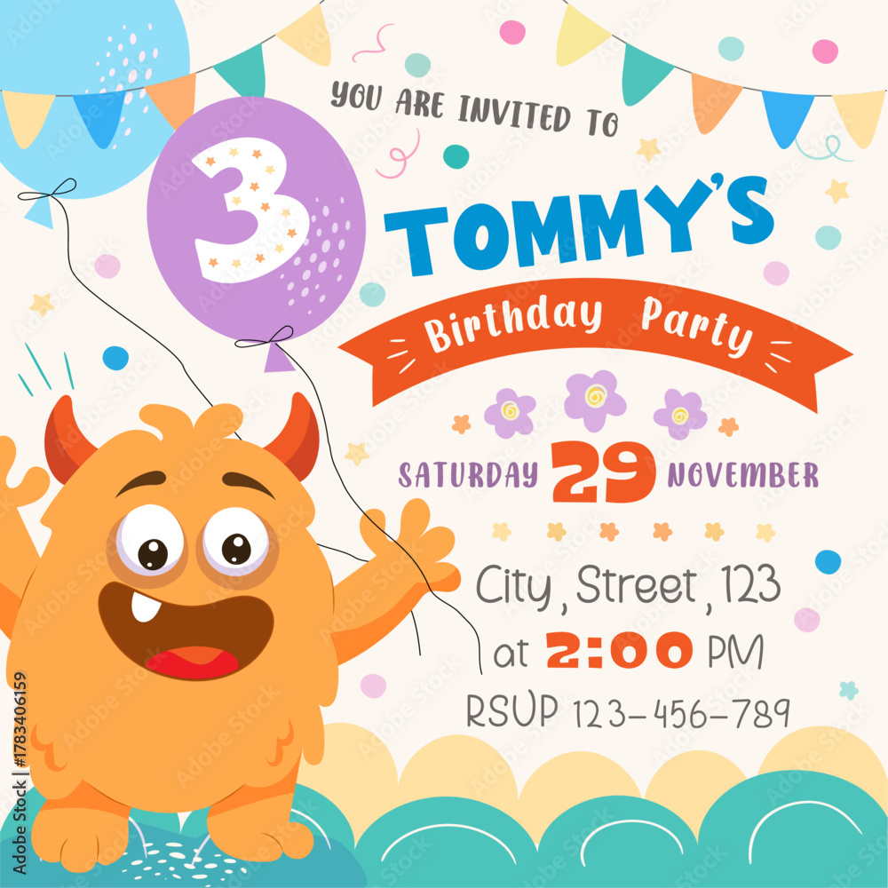 Fototapeta premium little monster birthday party invitation square card, celebration, template, vector illustration 