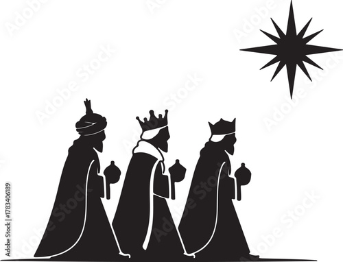Three kings follow the star, carrying gifts in silhouette against a white background