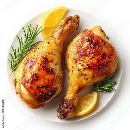 Two roasted golden brown chicken drumsticks seasoned Garnished with lemon and rosemary on a white plate top down view