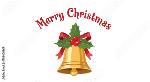 Festive golden christmas bell adorned with holly berries and a red ribbon wishing merry christmas