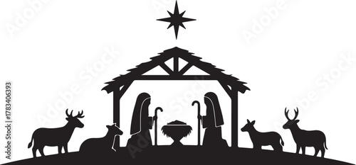 Black silhouette presents the nativity with Mary, Joseph, animals and star
