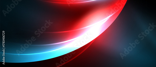 Abstract neon lines blend, creating dynamic curves. Red, white, blue hues dominate dark background. Smooth gradients suggest movement.