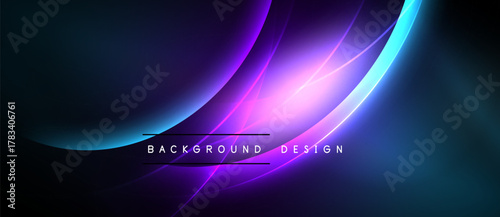Abstract background features vibrant curves, glowing lines. Dark shades blend into bright purple, blue hues. Modern design element.