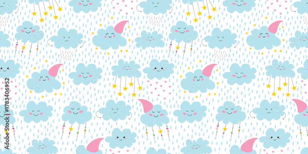 Naklejka premium Summer cute seamless pattern. Children cartoon ornament. Funny clouds, sad, rainy, raindrops and stars. For textiles, packaging, wallpapers, backgrounds or websites. Flat vector design. Environment.