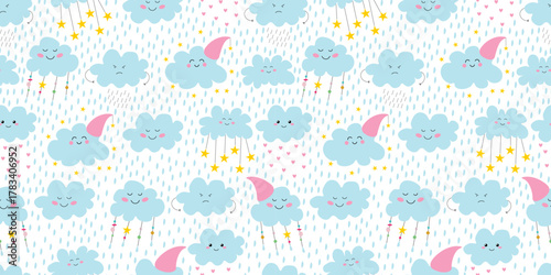 Summer cute seamless pattern. Children cartoon ornament. Funny clouds, sad, rainy, raindrops and stars. For textiles, packaging, wallpapers, backgrounds or websites. Flat vector design. Environment.