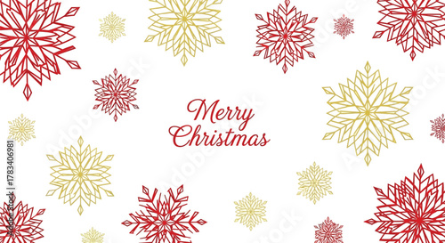 Festive christmas background with delicate watercolor snowflakes in red and yellow and merry christmas text