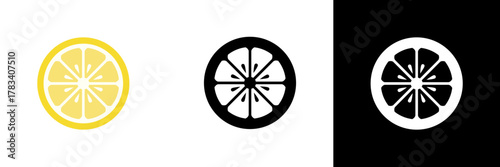 A simple lemon slice icon shown in yellow, black, and white versions — representing freshness, citrus flavor, and natural vitality.
