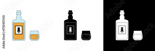 A whiskey bottle with a filled glass beside it, displayed in three color versions — symbolizing classic beverages, relaxation, and refined taste