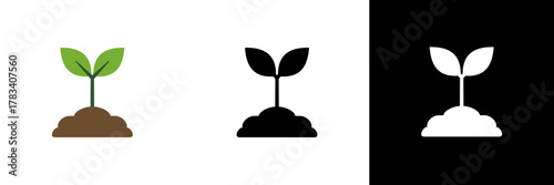 A young plant sprouting from soil, depicted in color, black, and white — symbolizing new beginnings, life, and sustainability.