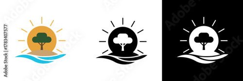 A minimalist icon of a tree with the sun and waves behind it, symbolizing balance between nature, water, and sunlight, shown in three visual variations.