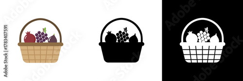 A basket filled with assorted fruits including grapes, figs and pomegranates, shown in three color versions — representing abundance, harvest, and freshness.