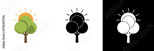 A simple tree icon with sunlight rays, presented in three design variations — symbolizing growth, life, and environmental awareness.