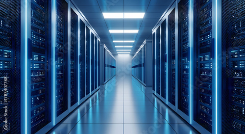 Data center server room cloud computing infrastructure technology blue LED lighting network hardware big data storage modern facility corridor