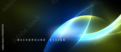 Abstract neon lines create dynamic curves, glowing against dark background. Vivid blues, yellows blend seamlessly. Modern design element.