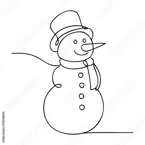 Logo snowman. Muñeco de nieve sonriente con sombrero, foulard y nariz de zanahoria con línea continua para tarjetas y felicitaciones de Navidad