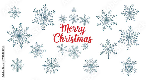 Beautifully detailed snowflakes scattered across a white background with festive merry christmas text in red script