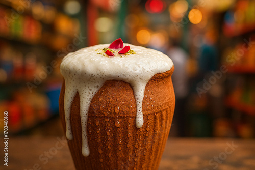 Rustic Clay Kulhad with Sweet Lassi in Vibrant Market Setting
