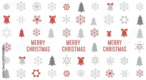 Festive merry christmas pattern with red and grey snowflakes bells and trees on a white background