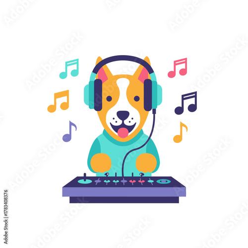 Joyful dog DJ spinning tunes with headphones and music notes, perfect for party and entertainment concepts