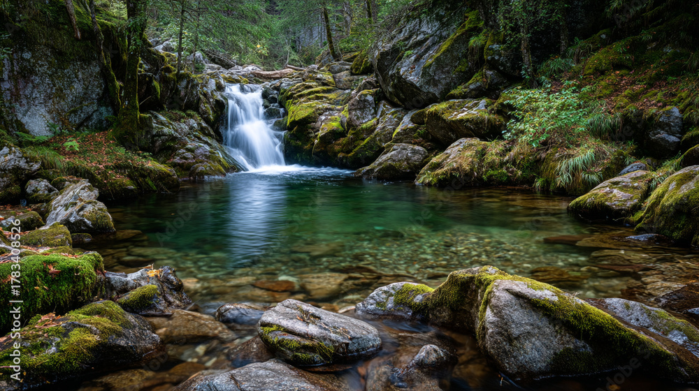 Fototapeta premium A scenic view of a small waterfall flowing into a clear forest pool area