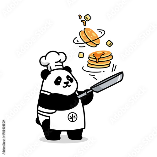 Whimsical panda chef masterfully flips pancakes in a fun culinary celebration, bringing joy to breakfast.