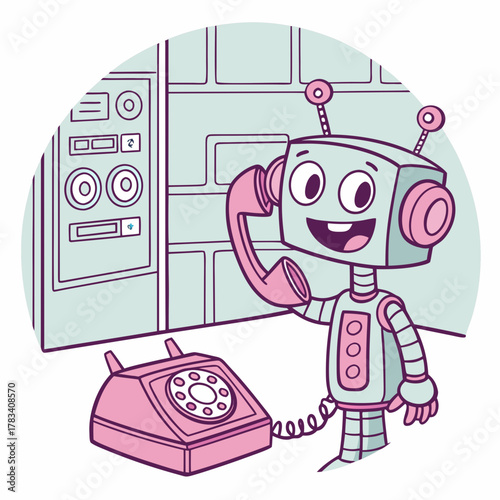 A robot answering a pink rotary phone with excitement.