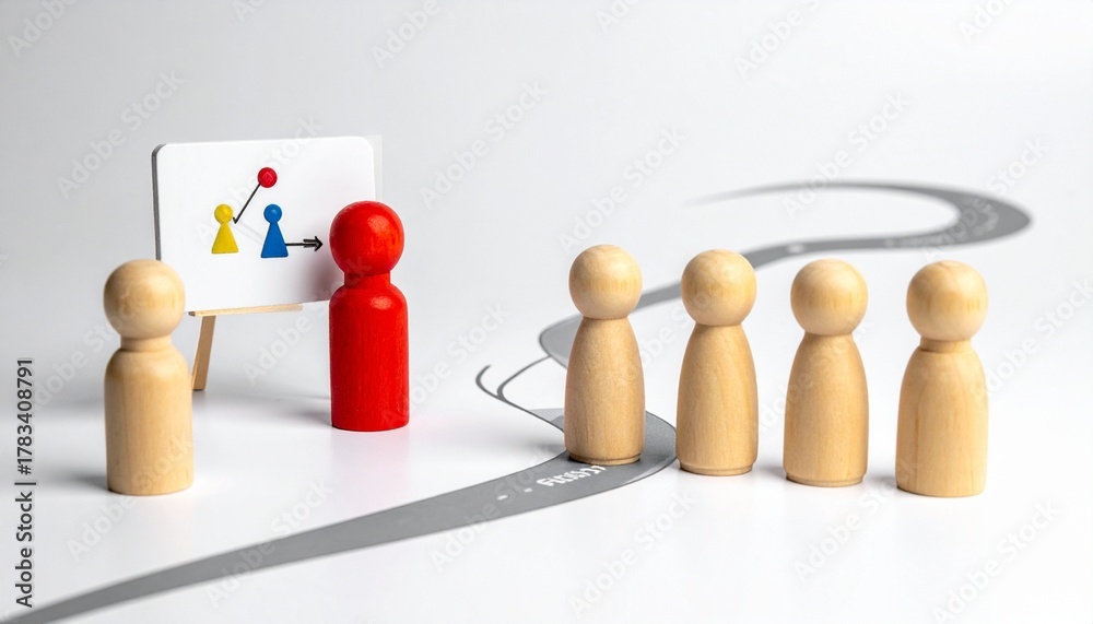 Obraz premium Red presenter figure showing data chart to wooden audience on learning path.