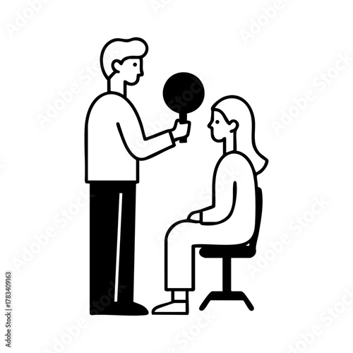 Man showing a mirror to a seated woman, likely in a salon setting, representing customer service, hairstyling, or client feedback.