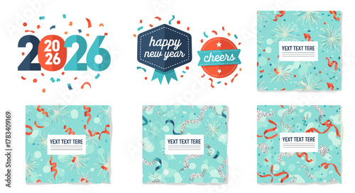 A vibrant collection of modern vector illustrations and seamless patterns for welcoming the 2026 New Year celebration with festive joy.