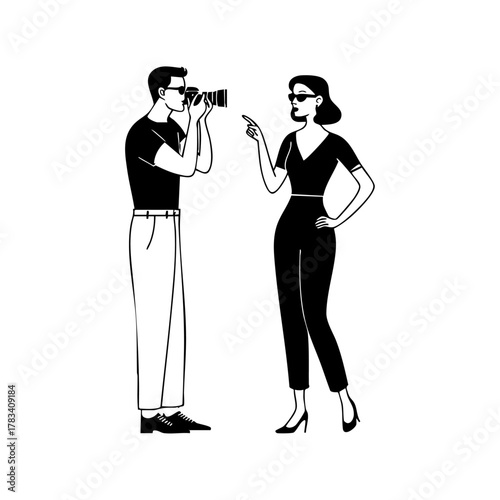 Photographer giving posing directions to a model during a photo shoot, representing fashion, creativity, and professional collaboration.