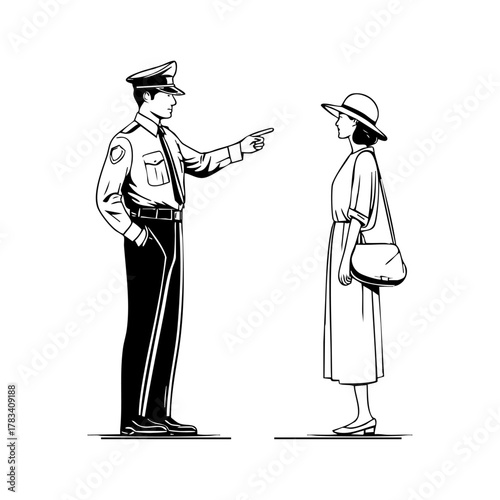 A police officer giving directions to a woman in a dress and hat, symbolizing law enforcement guidance and city navigation assistance.