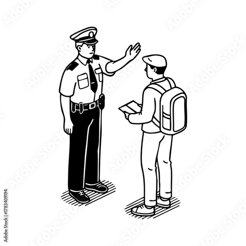 Police officer giving directions to a tourist holding a map, symbolizing travel assistance, authority, and public service.