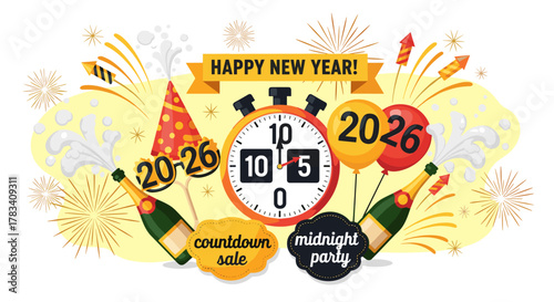 A vibrant illustration captures the excitement of a Happy New Year 2026 celebration, featuring a countdown timer, popping champagne, and festive fireworks.