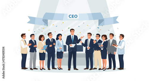 A confident CEO leads a diverse executive team, delivering an important presentation under a spotlight in a professional business setting.