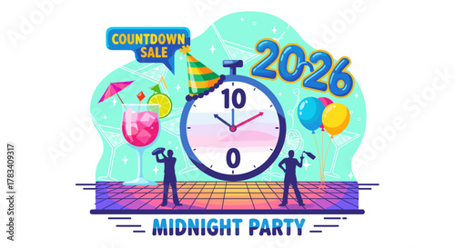 Vibrant illustration depicting a festive New Year's Eve 2026 countdown party with a large clock, celebratory drinks, and joyful people.