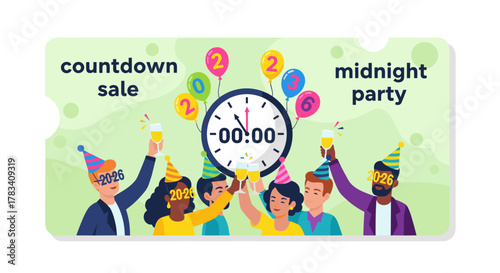 A diverse group of cheerful friends celebrates New Year's Eve with champagne, party hats, and festive balloons, anticipating the midnight countdown.