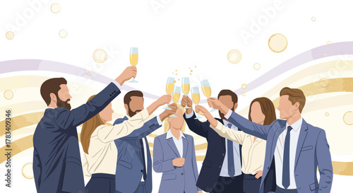 A diverse group of business professionals celebrates a significant corporate achievement with a joyful champagne toast, symbolizing success and collaboration.