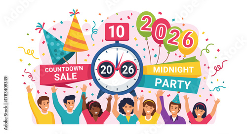 A diverse group of cheerful people joyfully celebrates the New Year's Eve countdown to 2026 with confetti, balloons, and party hats, anticipating a vibrant future.