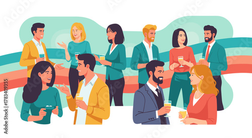 Diverse professionals and friends engage in lively conversation and networking at a modern corporate event, enjoying drinks in a vibrant, flat design illustration.