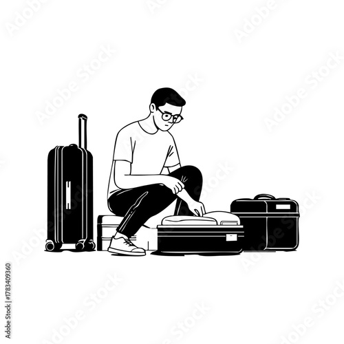 A traveler kneels to pack a suitcase, preparing for a trip, representing organization, travel planning, and efficient packing.