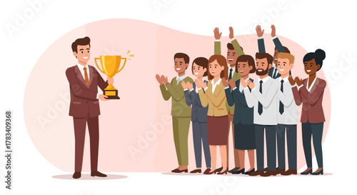 A successful businessman proudly holds a gleaming golden trophy, celebrating a significant achievement with his diverse and applauding team.