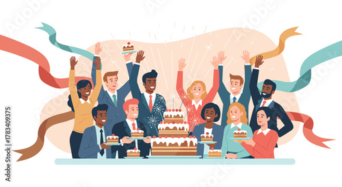 A diverse business team celebrates a successful corporate milestone with cake and festive ribbons, showcasing unity and achievement.