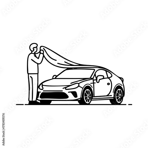 Man covering his parked car with a protective sheet, representing vehicle care, winter preparation, or car maintenance.