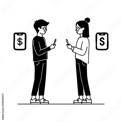 Two young people using mobile phones with dollar icons behind them, depicting online money transfer, payment apps, or digital banking.