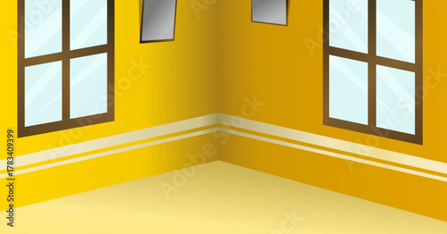 Minimalist yellow interior with wall displays and closed windows