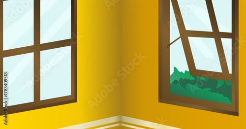 View of a corner of a wall with an open window.