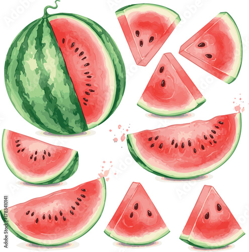 Create Set of watercolor watermelon isolated on white background.