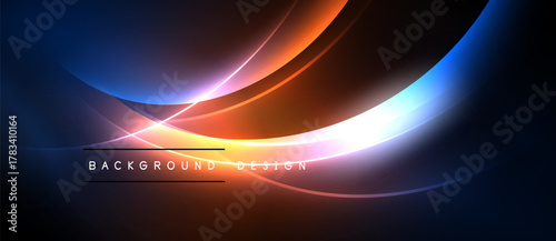 Abstract neon curves create dynamic background. Orange, blue hues dominate dark space. Modern design element for digital projects.