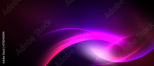 Abstract vibrant curves, purple hues dominate. Light radiates from center, creating dynamic visual effect. Smooth gradients present modern aesthetic.