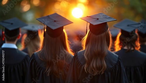 Graduation day with students in black gowns. Mortarboards on heads against sunset. Education concept with graduates wearing academic dress celebrating degree success. Future generation walking
